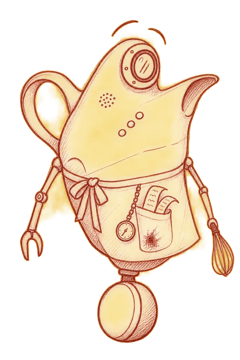 Roux, a gravy-boat robot with a whisk for one hand, balancing on a ball.